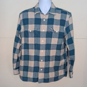 Levi's Flannel Button Down Cream and Teal Blue Thick Cotton